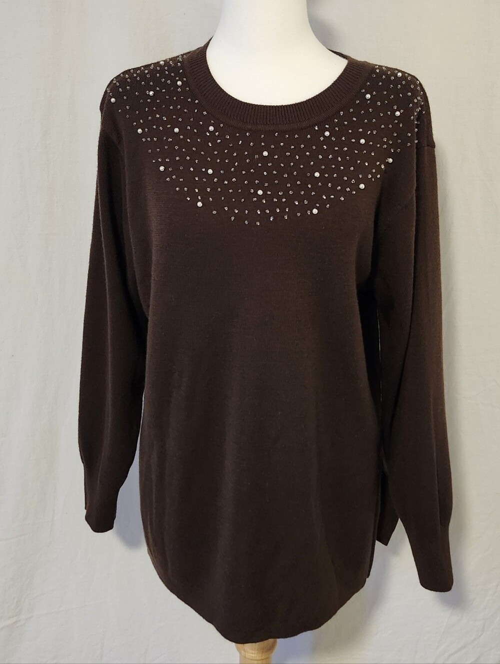 Embellished Brown Knit Sweater with Rhinestones & Faux Pearls By Virtue